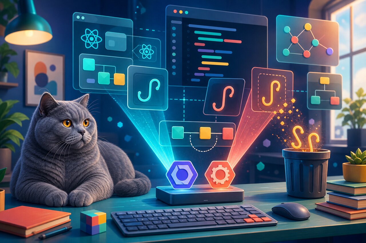 Tangled effect wires being unplugged from a circuit board while a gray-blue cat watches calmly nearby.