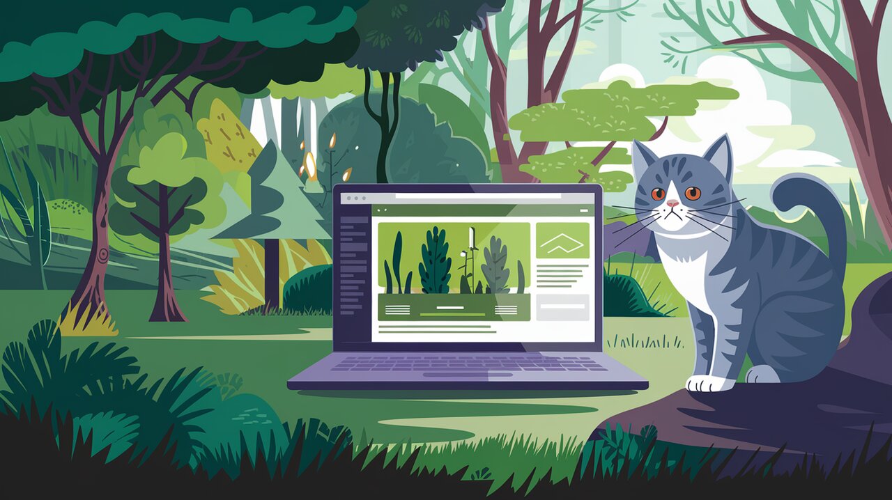 Evergreen UI components represented as a diverse forest with a laptop in the foreground