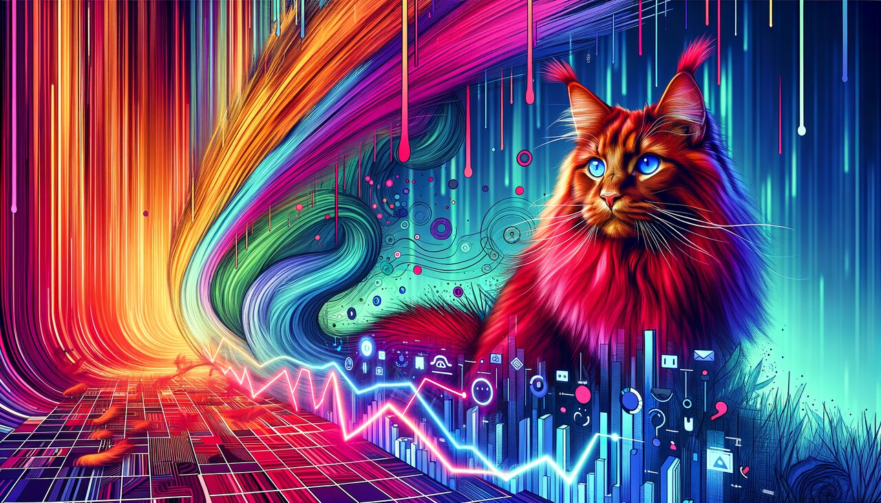 Analytics office with heatmap displays on a wall screen and a red cat on a desk chair