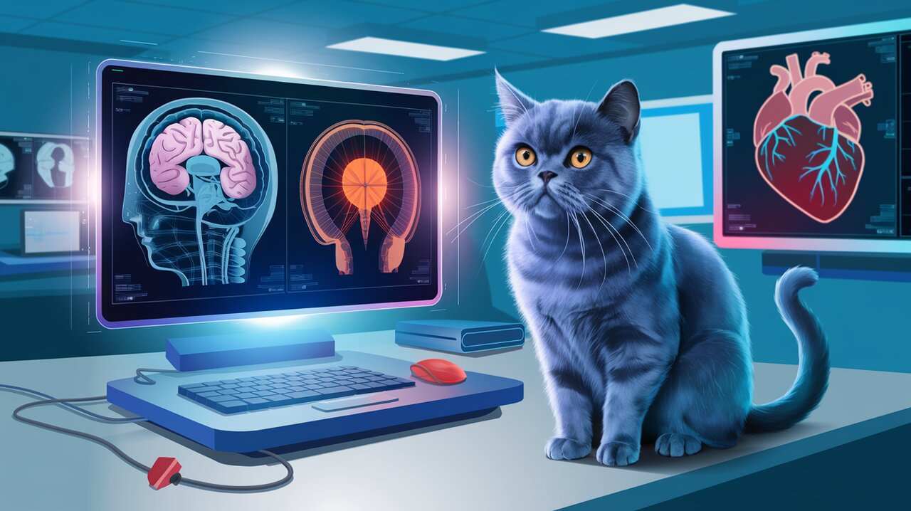 Futuristic medical lab with holographic displays of medical images and a British shorthair cat.