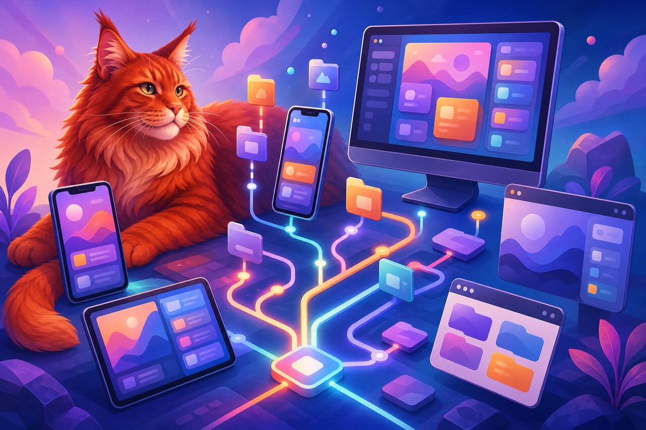 Phone, tablet, and laptop showing the same app, with floating files linked to screens and a red Maine Coon cat watching.