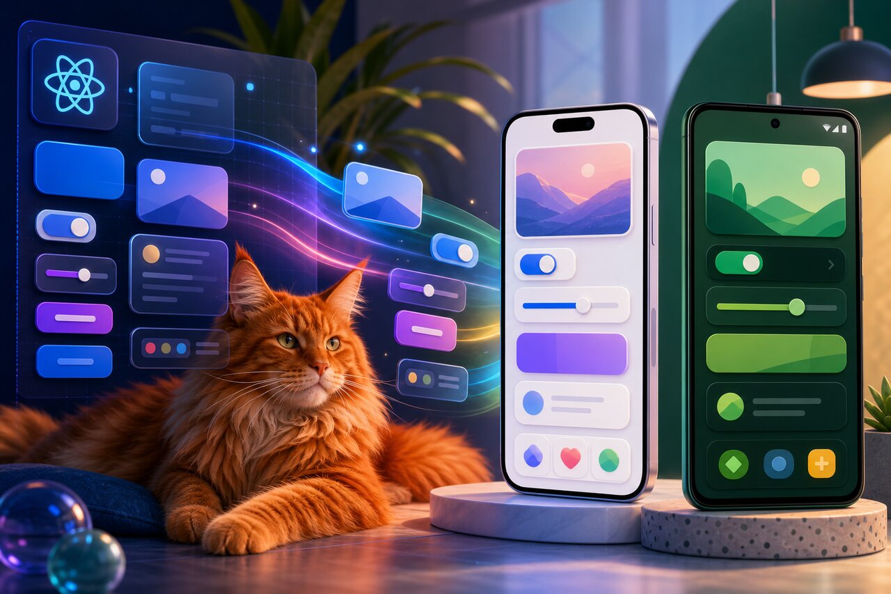 Split phone screen showing native iOS and Android interfaces with a relaxed red Maine Coon cat nearby