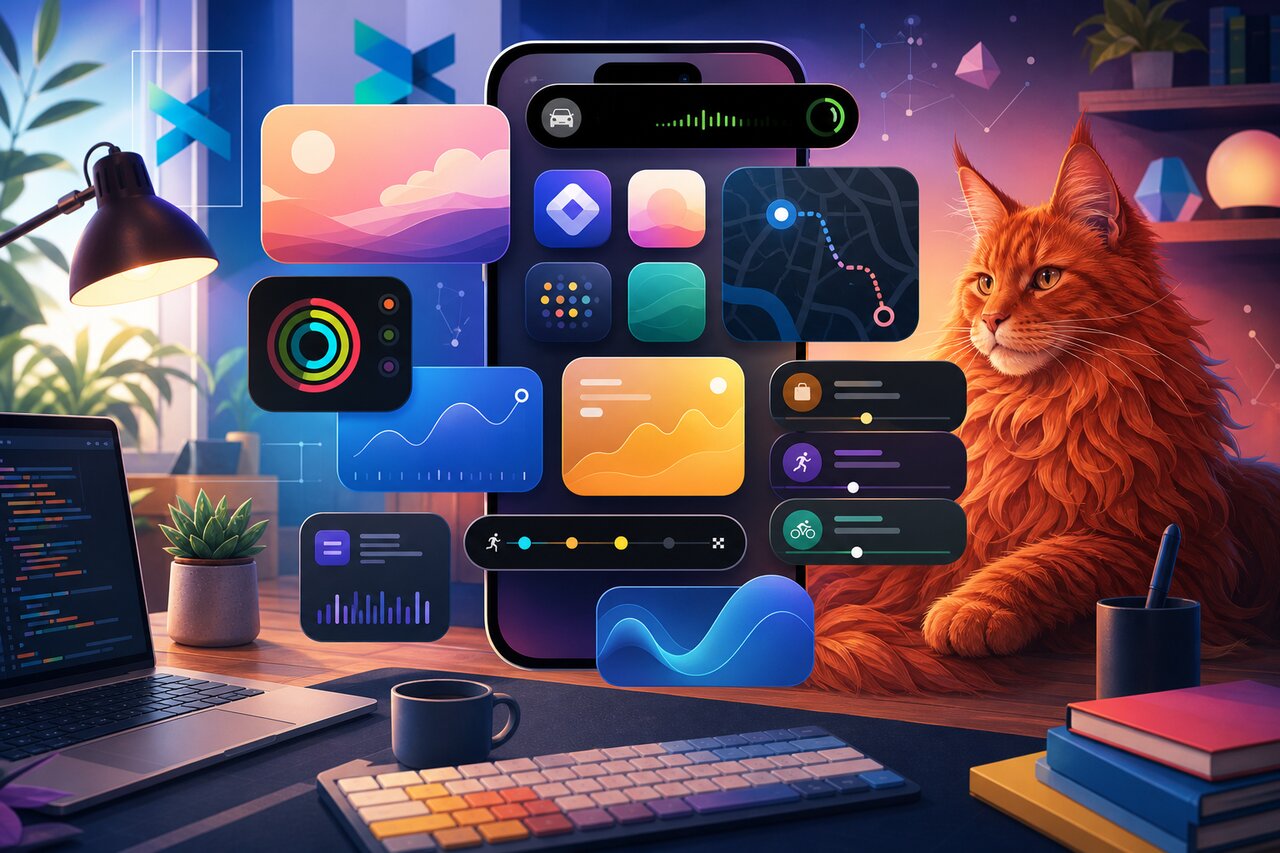An iPhone showing home-screen widgets beside a red Maine Coon cat on a desk.