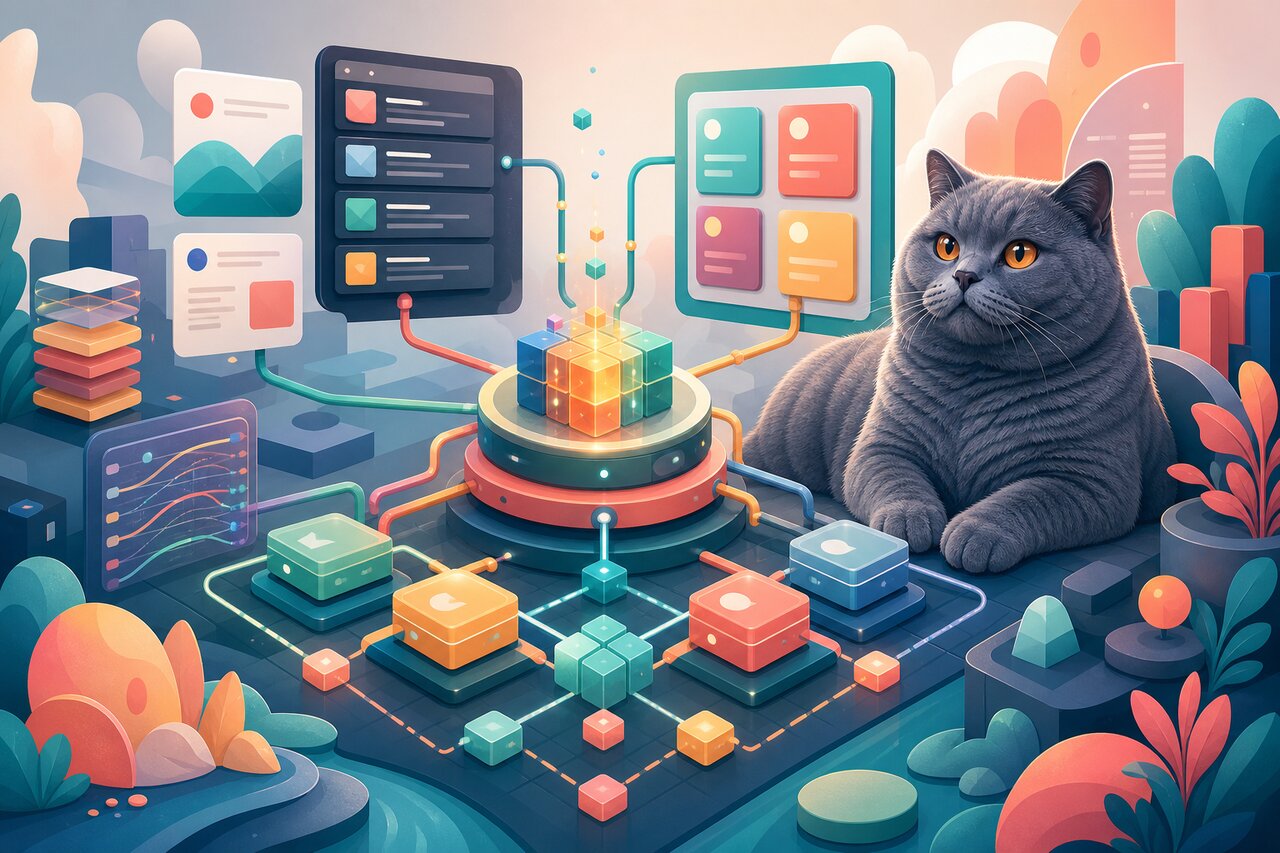 Translucent data cards composing into a single light stream on a developer's monitor, with a gray-blue cat watching from the desk corner.