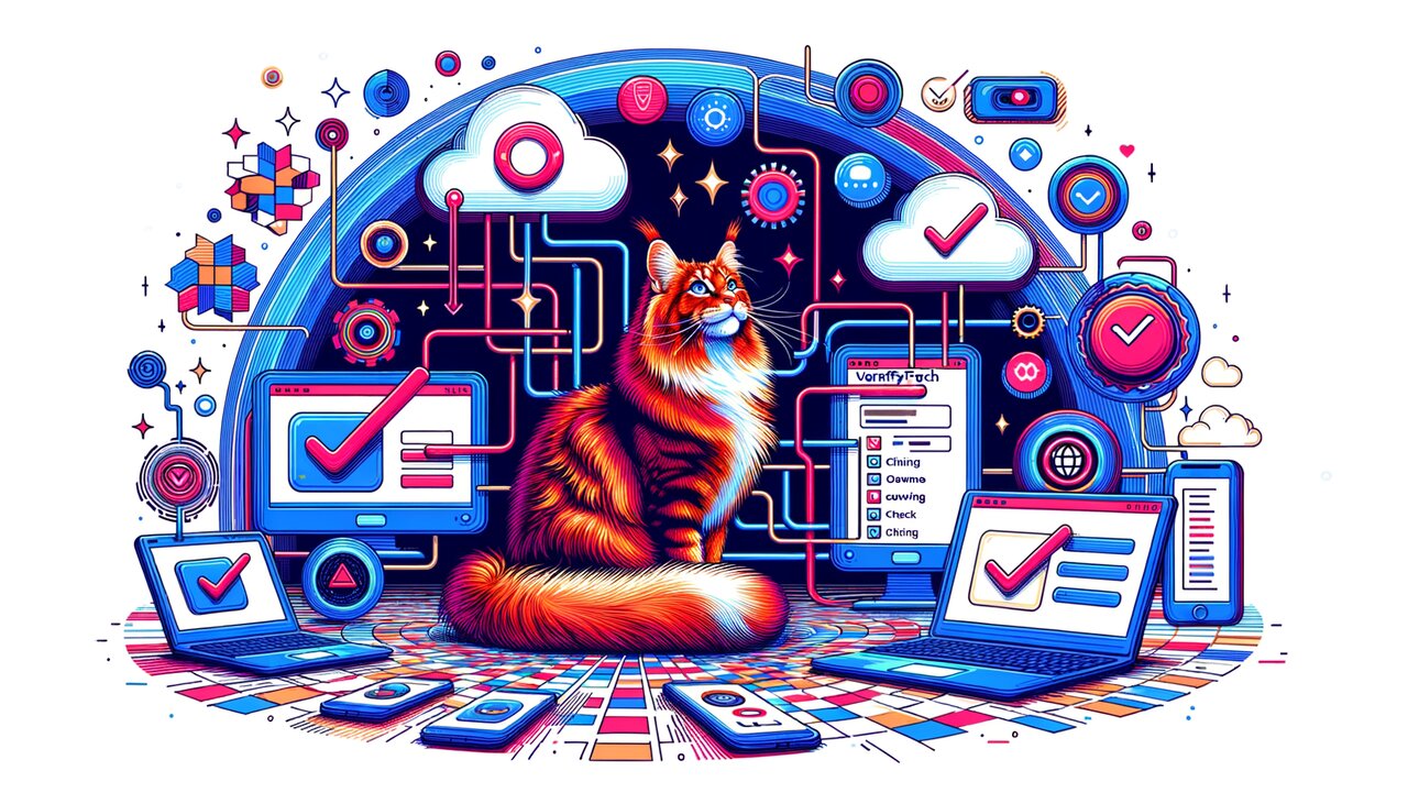 Digital warehouse with data verification drones and a maine coon cat on a server rack