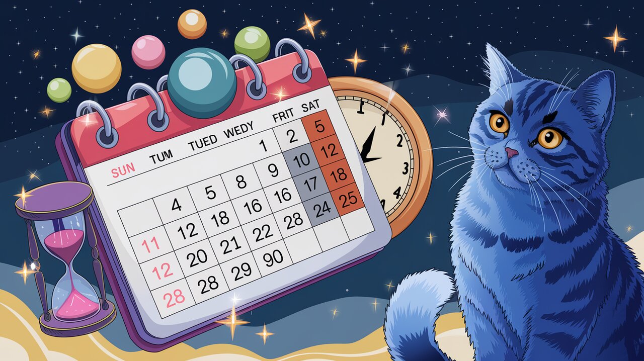 Magical floating calendar with colorful date bubbles and a curious cat