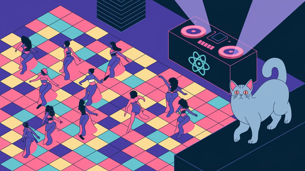 Colorful grid dance floor with React-themed DJ booth and dancers