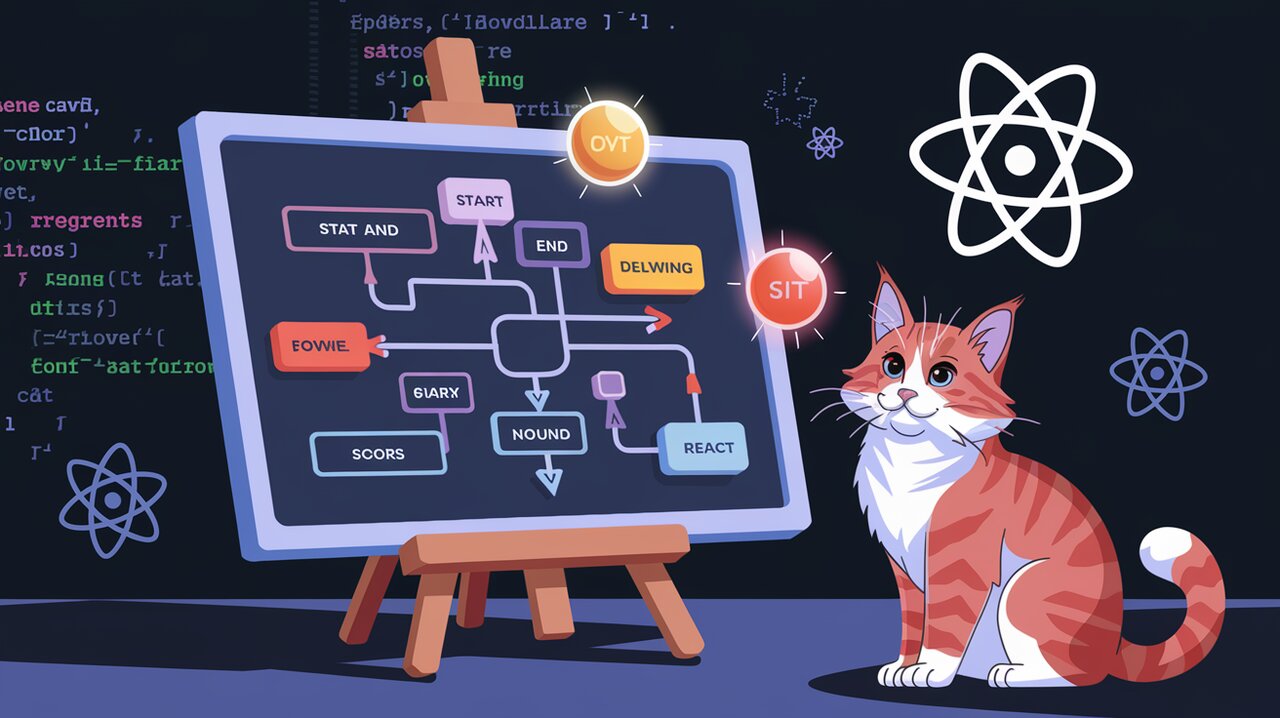 Animated flowchart with React integration and floating code