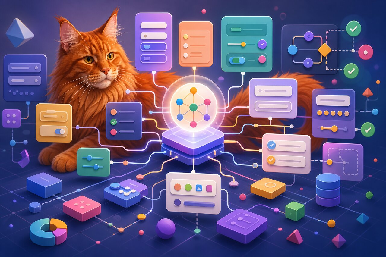 A glowing blueprint unfurling into form fields on a developer's desk, with a large red Maine Coon cat resting nearby.