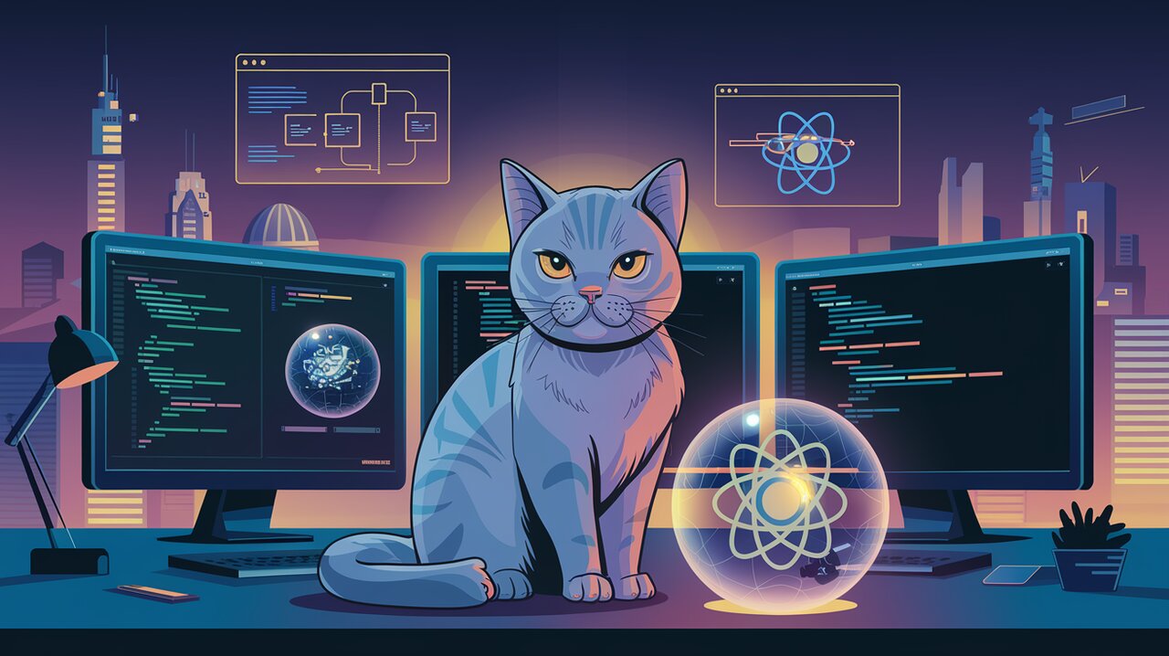 Futuristic Redux development scene with Future monads and a British shorthair cat