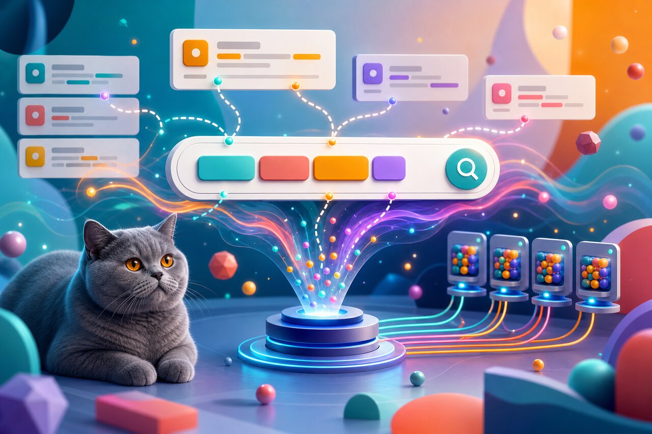 Index cards drifting into a search box beside a calm gray-blue cat on a windowsill