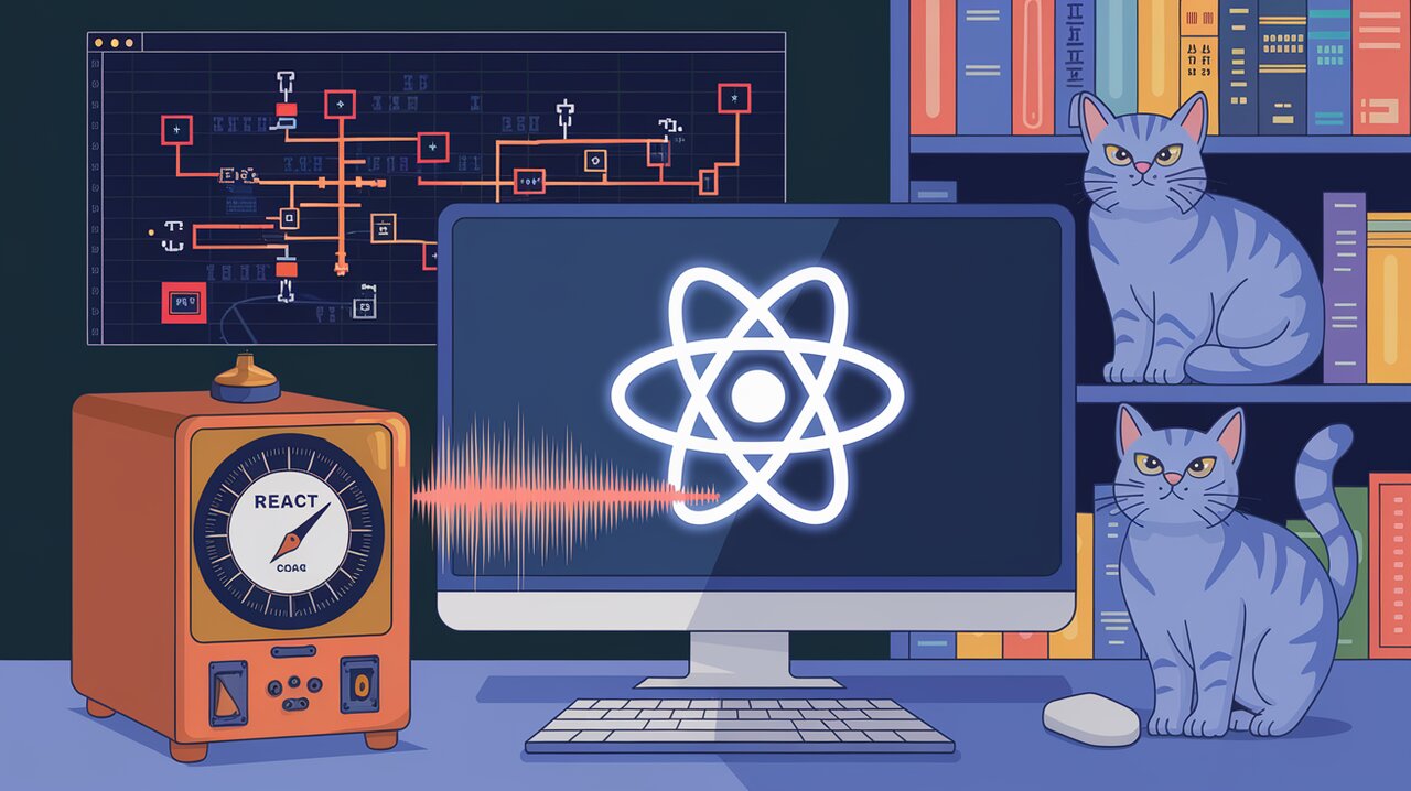 React logo with Geiger counter emitting sound waves, visualizing React Geiger's functionality