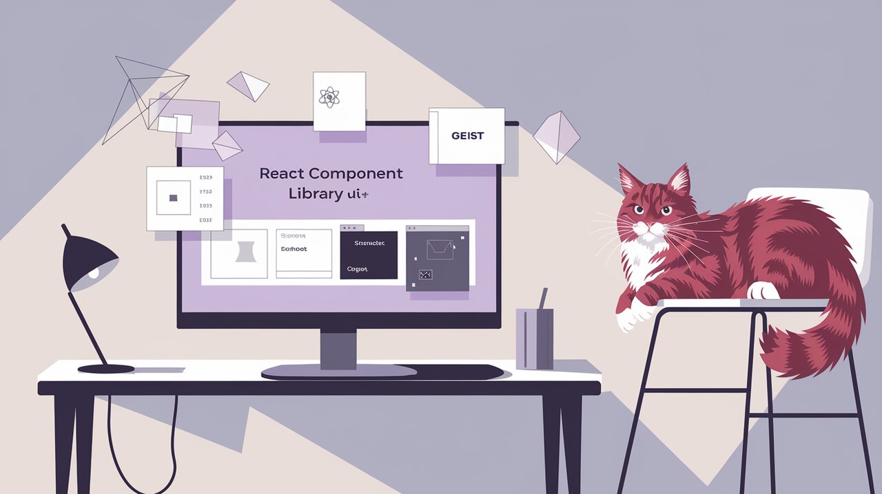 Minimalist workspace with Geist UI components displayed on a monitor, surrounded by geometric shapes and a lounging maine coon cat