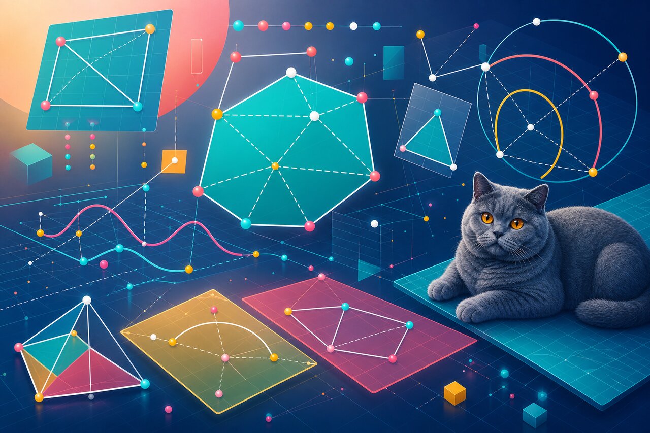 Geometric shapes and drafting tools on a graph-paper desk with a gray-blue cat resting in the background