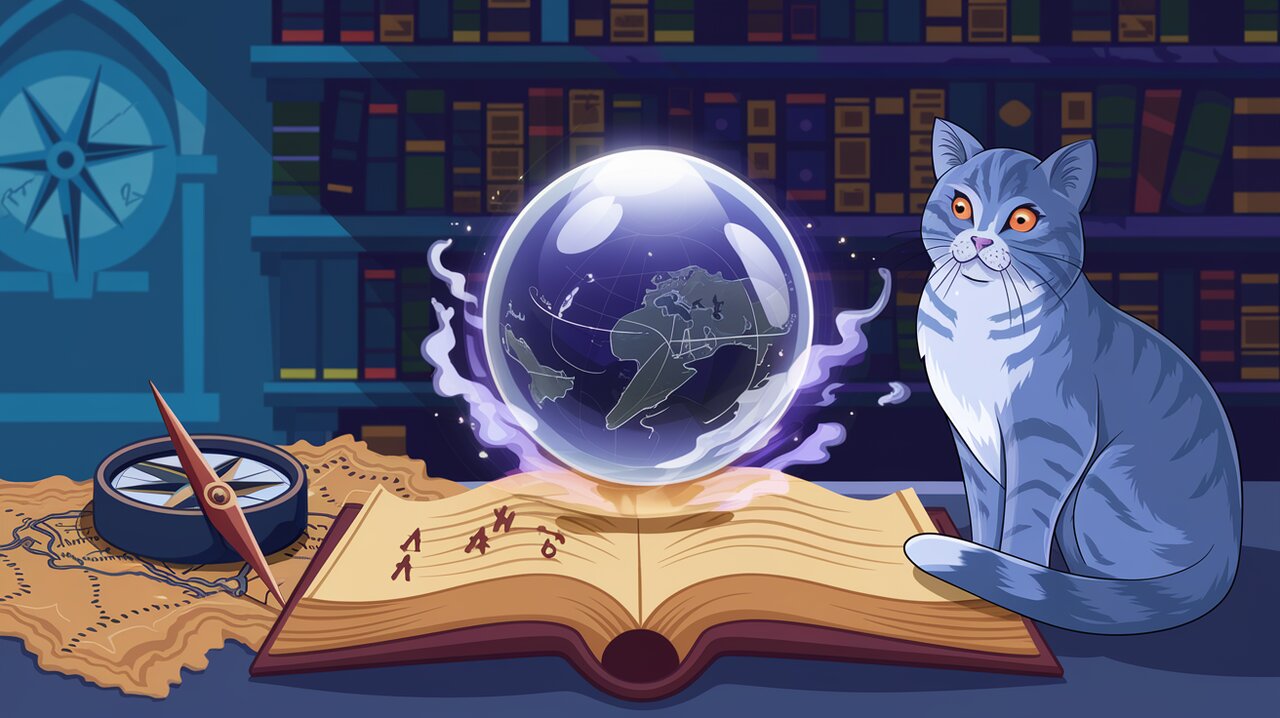 Magical scene with a crystal ball showing map patterns, surrounded by navigation tools and a watchful cat