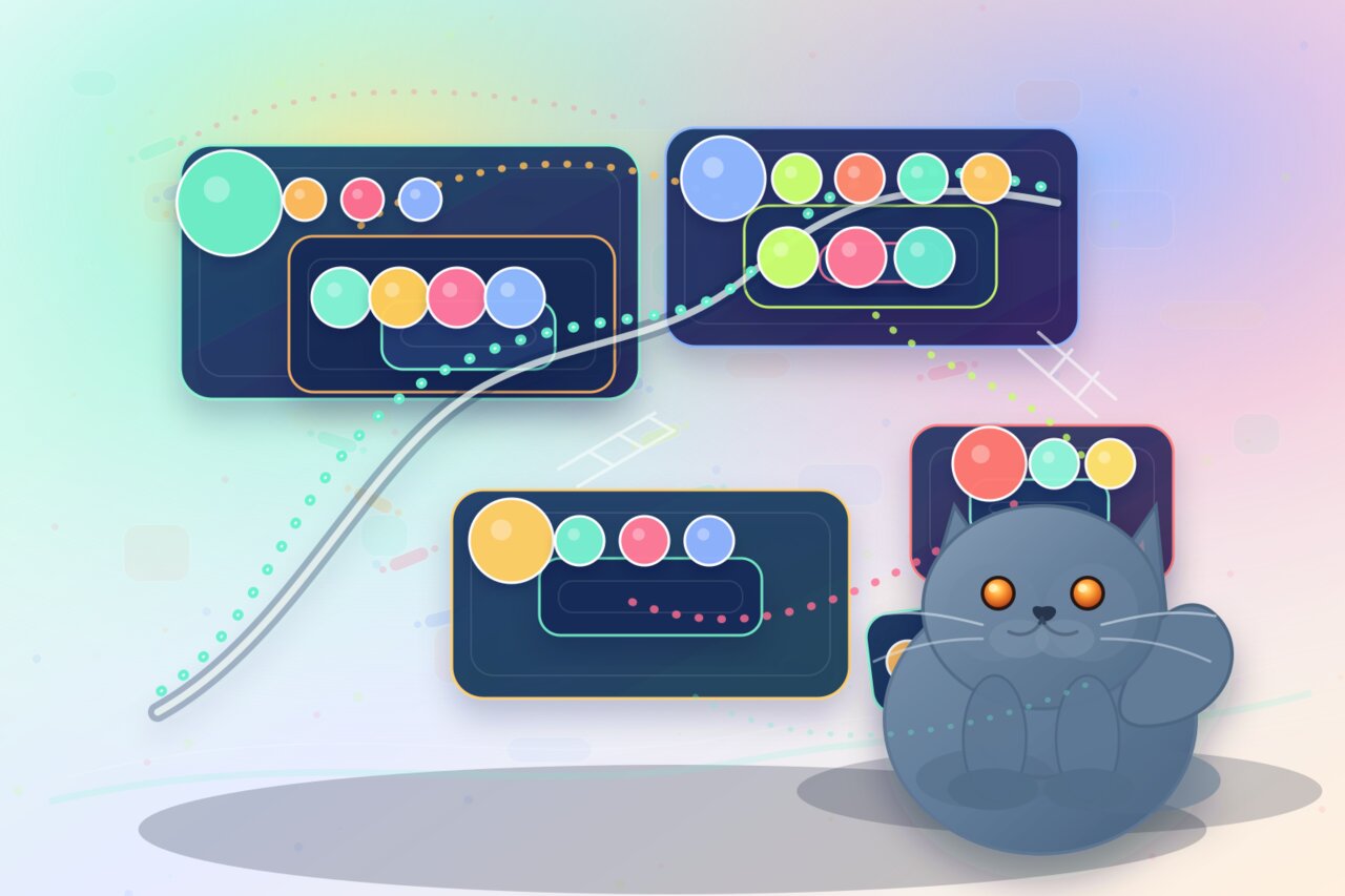 A row of opened nesting dolls with a small key beside the innermost one, watched by a calm gray-blue cat