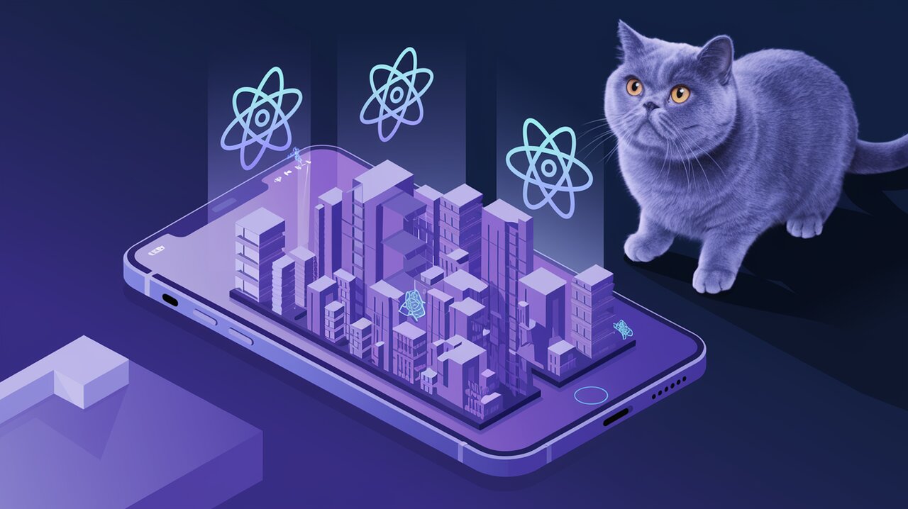 3D cityscape with React and Godot logos, displayed on a smartphone screen