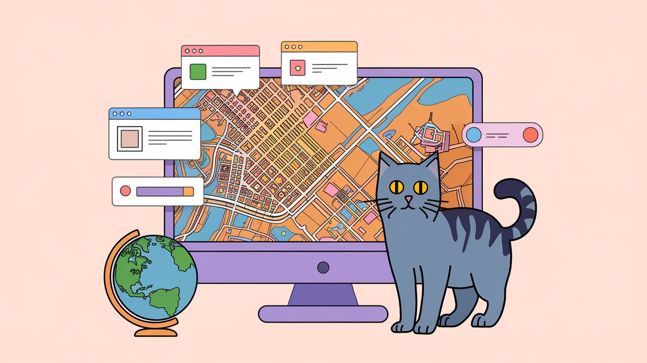 Stylized map with React components and a British shorthair cat