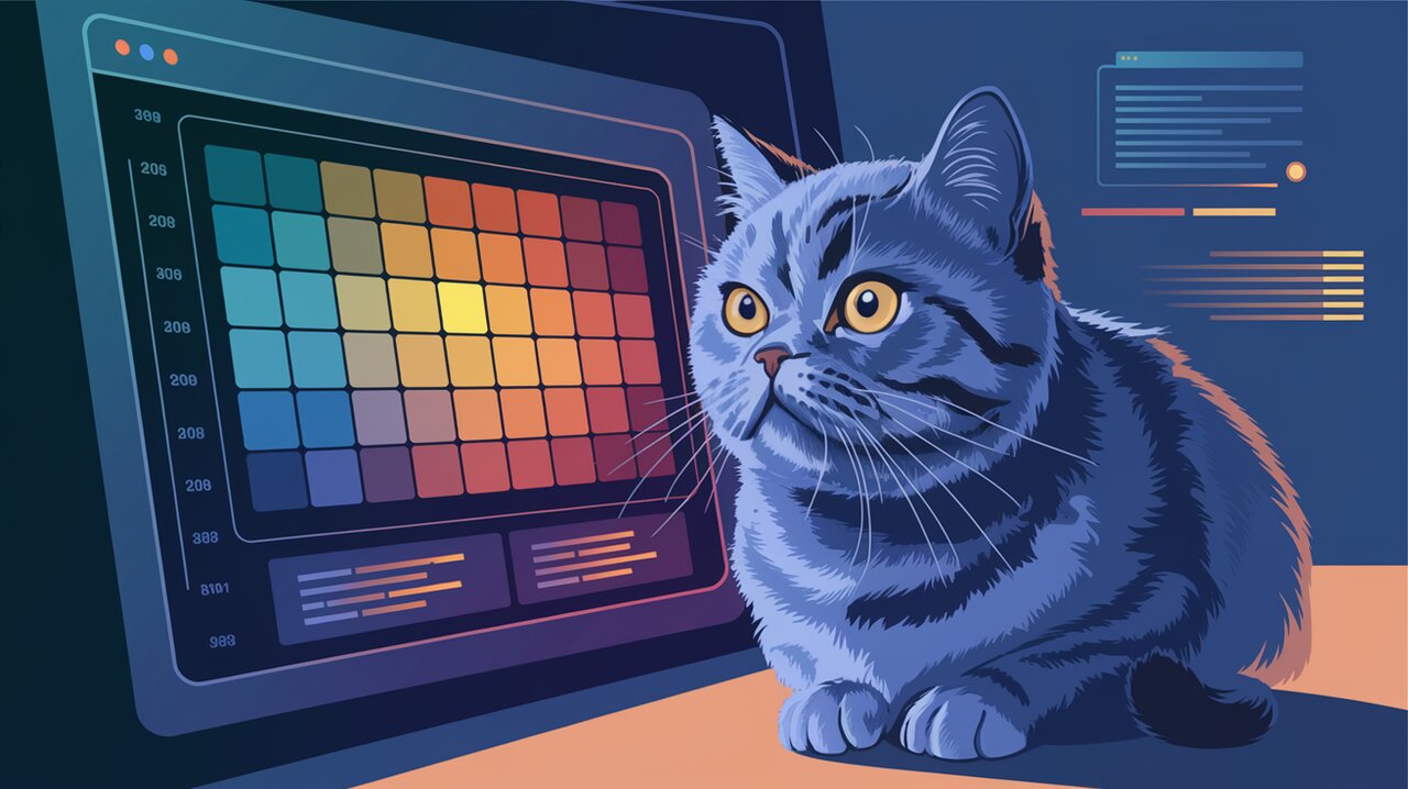 Colorful heatmap grid visualization with a cat observer