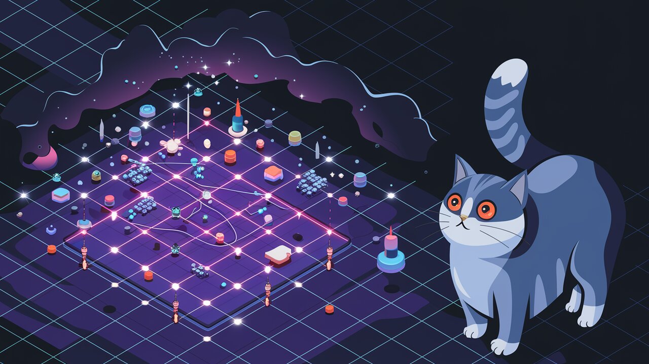 Magical grid system with floating React components and a watchful cat