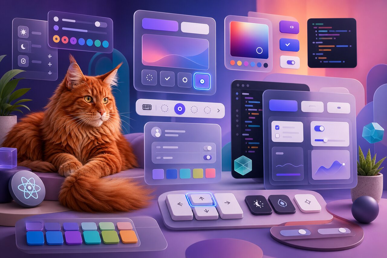 A modern design studio with UI components on screen and a red Maine Coon cat resting on the desk.