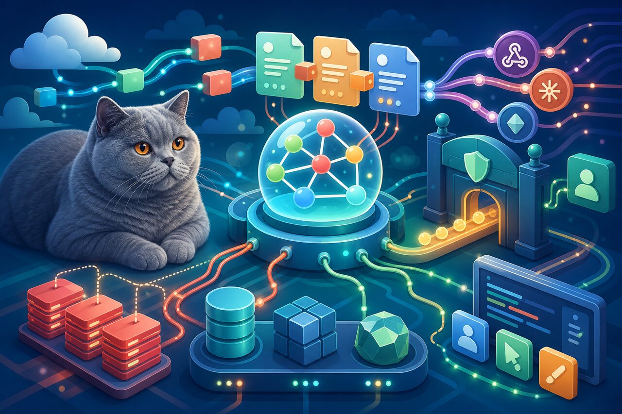 Glowing terminals connected by threads of light with a gray-blue cat watching from the desk