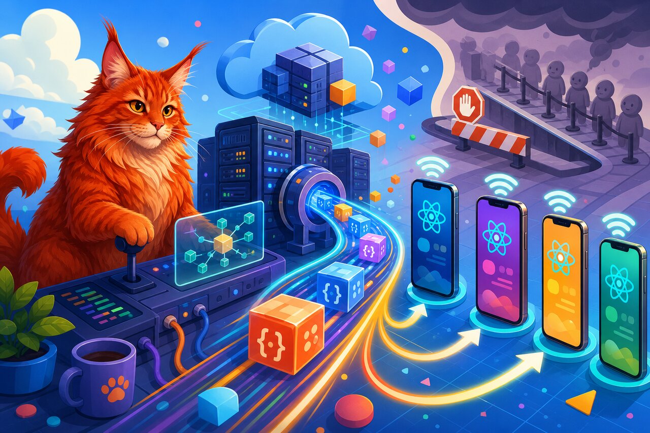 A React Native phone receiving an over-the-air update beside a relaxed red Maine Coon cat on a shelf.