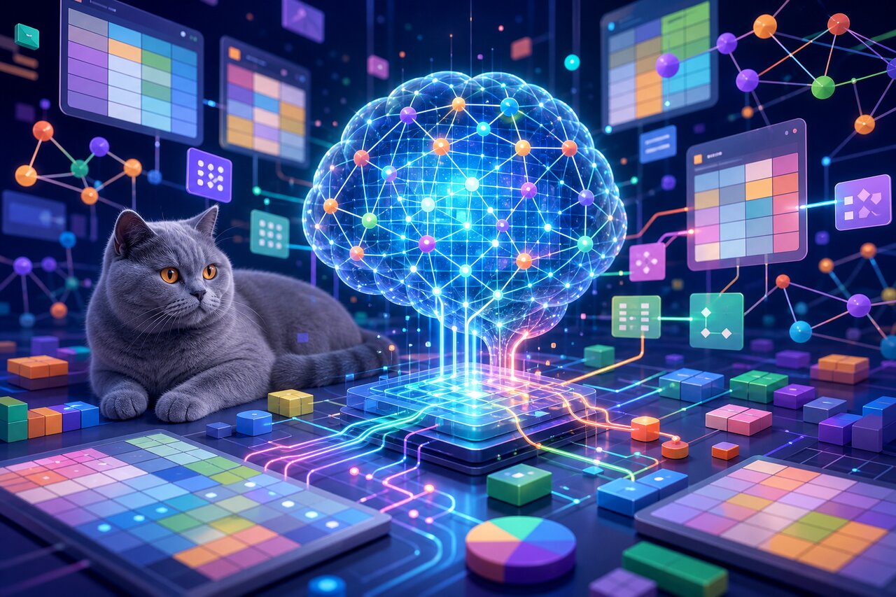 Holographic spreadsheet with glowing dependency connections floating above a desk, a gray-blue British shorthair cat watching nearby.