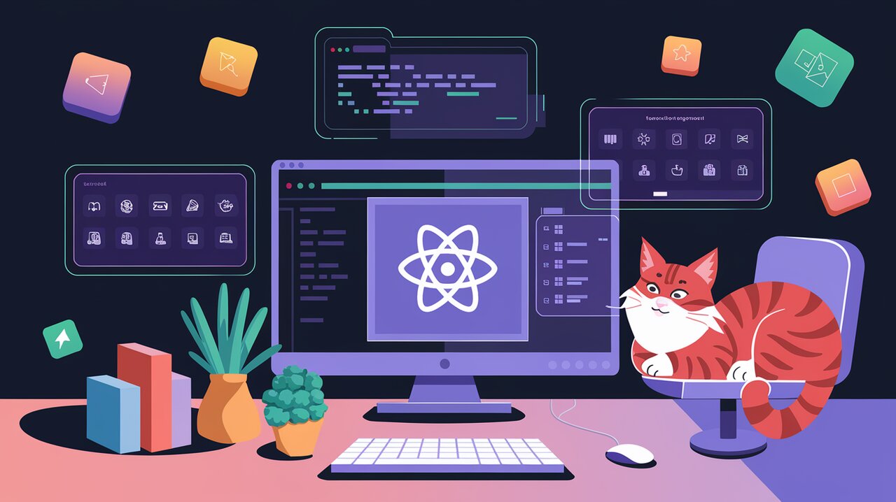 Iconify React integration showcased in a futuristic workspace with floating icons