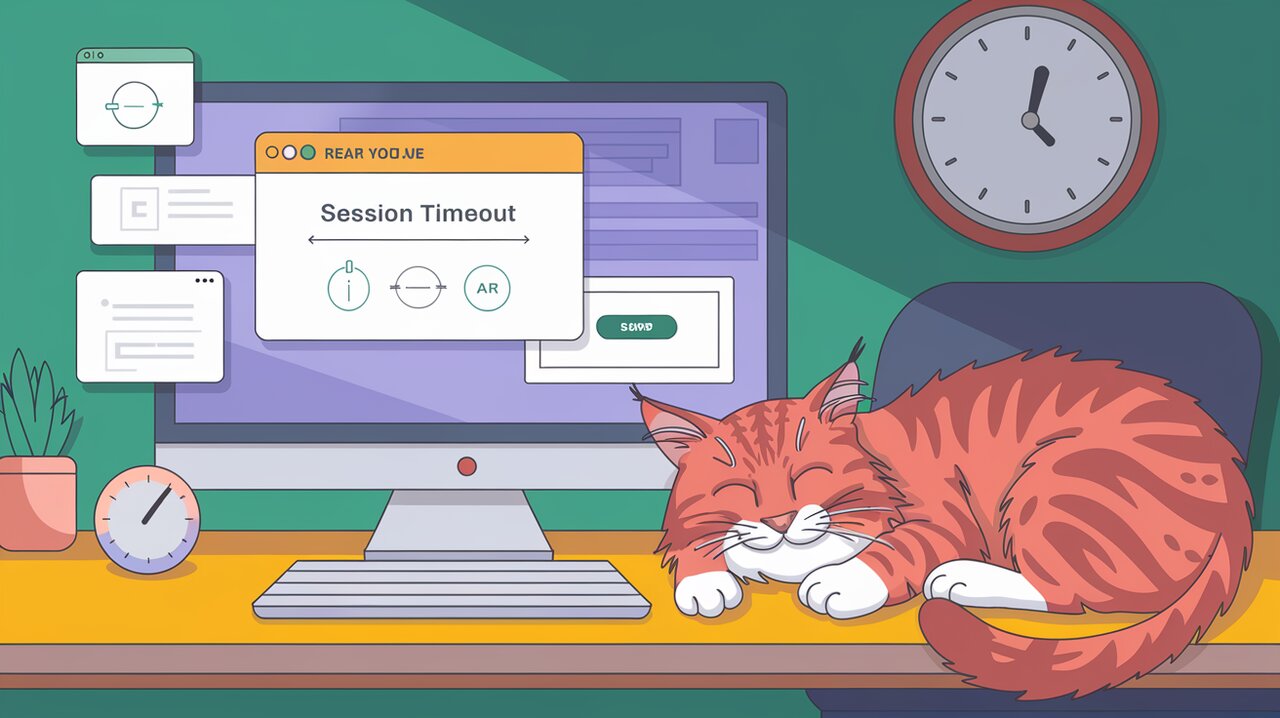 React Idle Timer concept illustration with computer screen, clock, and sleeping cat