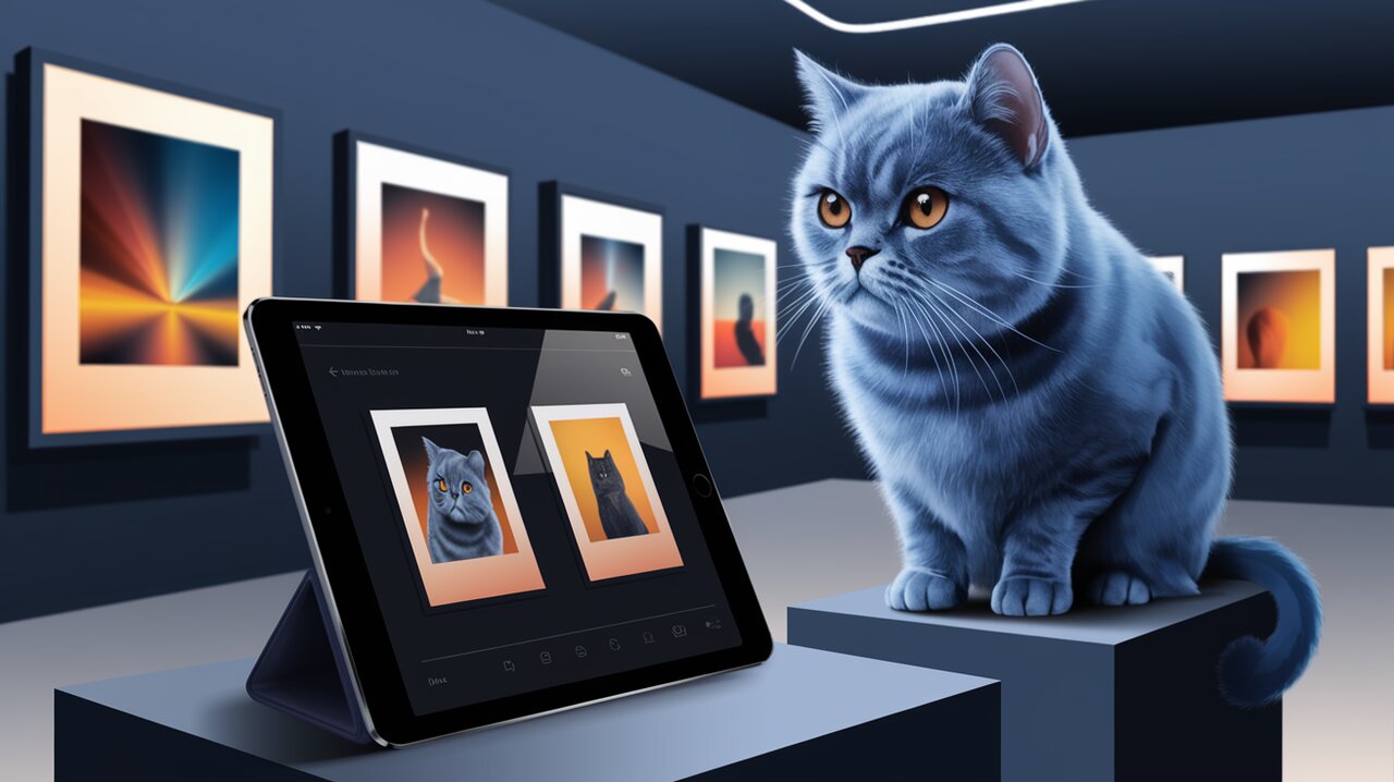 Modern art gallery with illuminated frames and a tablet displaying a lightbox interface, observed by a British shorthair cat