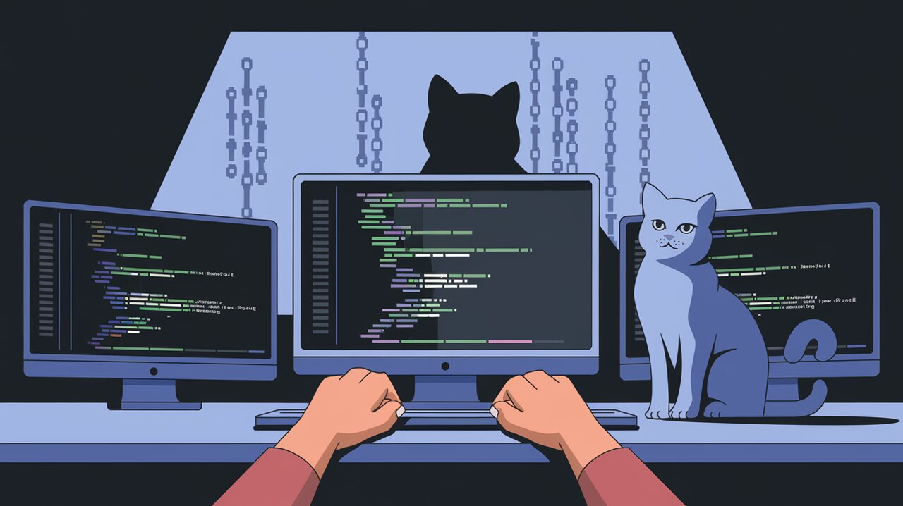 Developer working with react-shadow, casting component shadows, with a gray cat observing