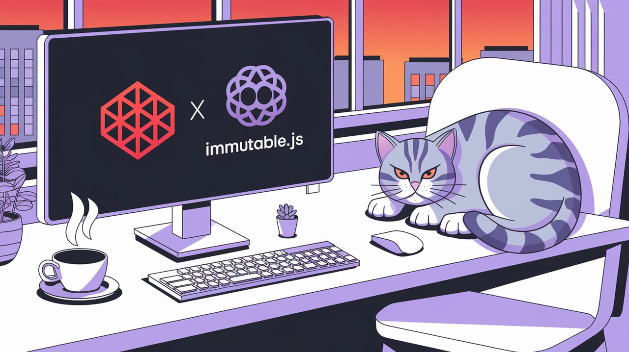 Coding setup with Redux and Immutable.js logos on screen, and a cat nearby