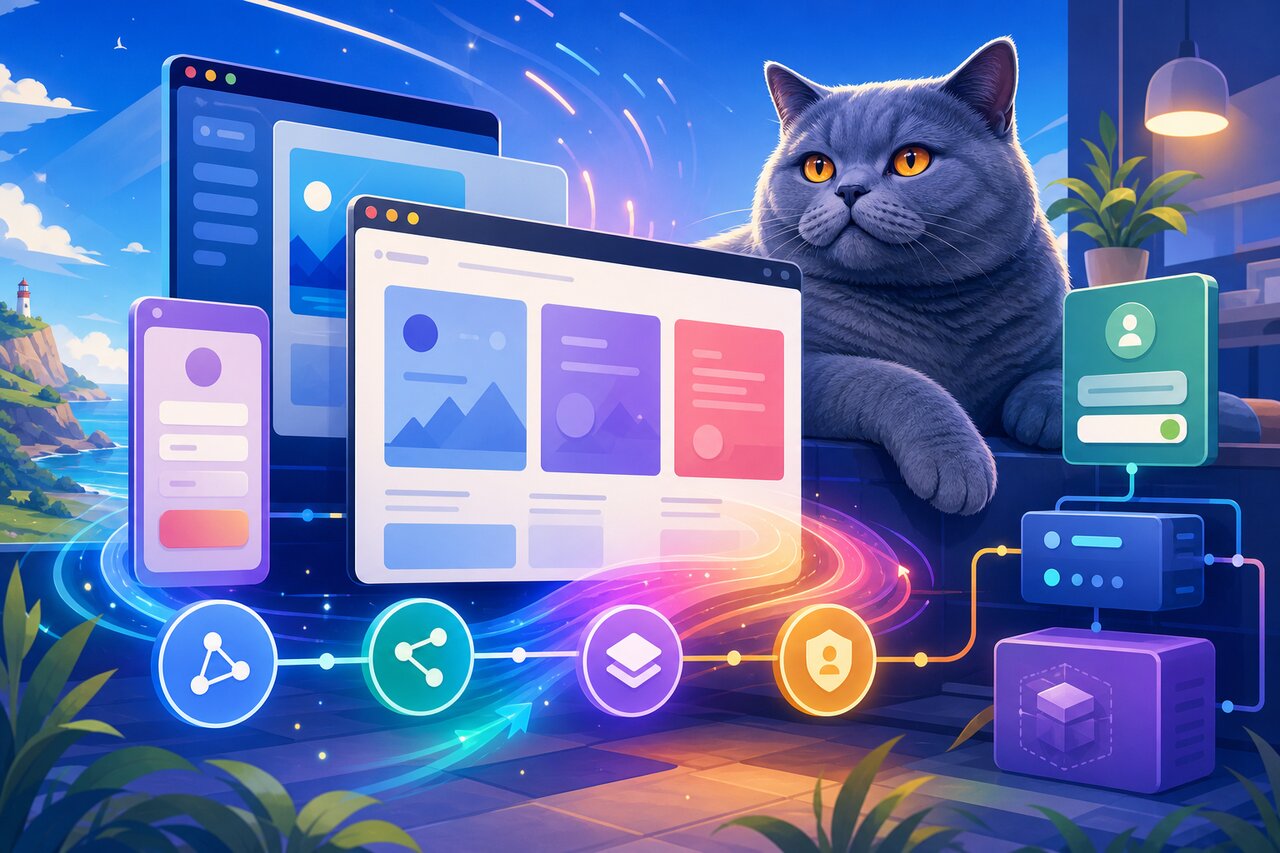 A glowing bridge connecting a server tower and a browser tower, with a gray-blue cat resting beside a monitor.