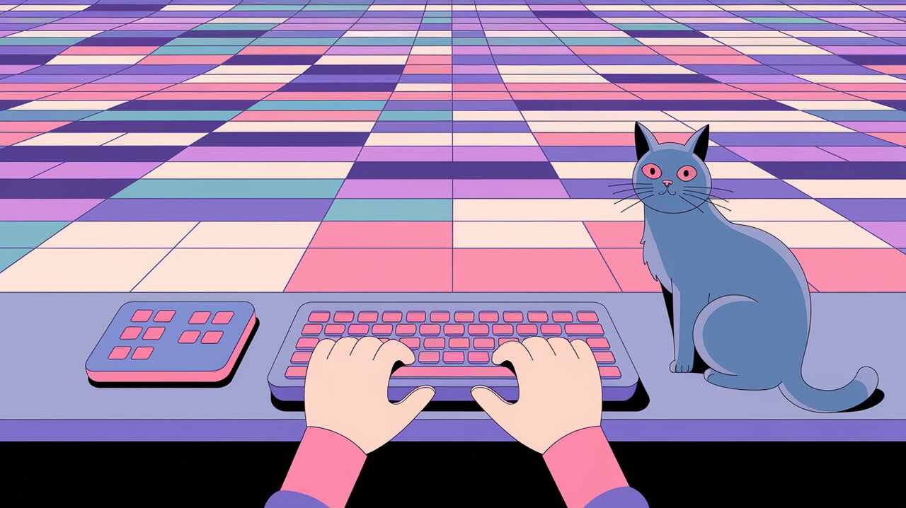 Infinite grid of colorful tiles with developer hands and observing cat