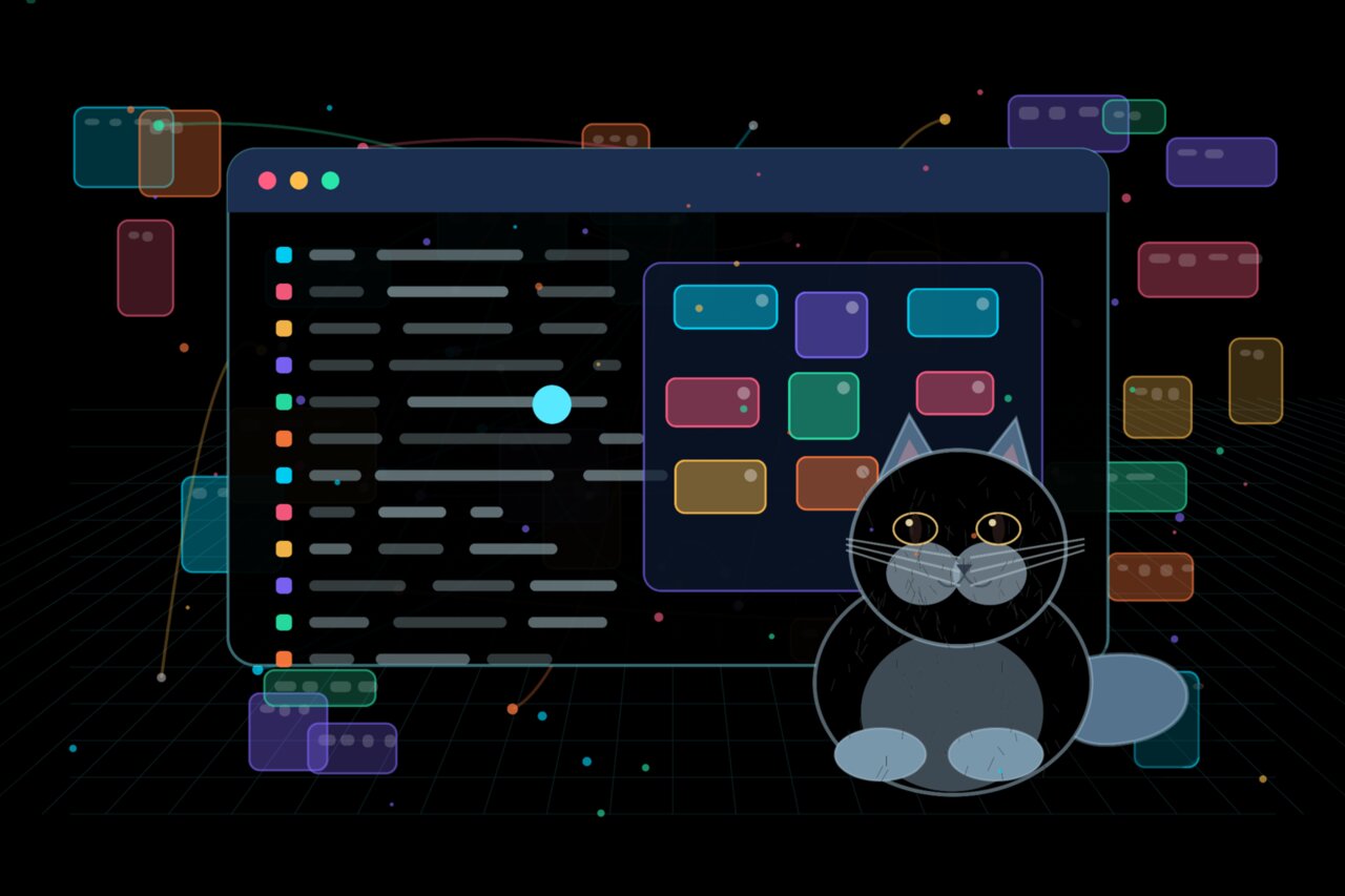A terminal window showing a colorful command-line interface, with a gray-blue cat watching nearby
