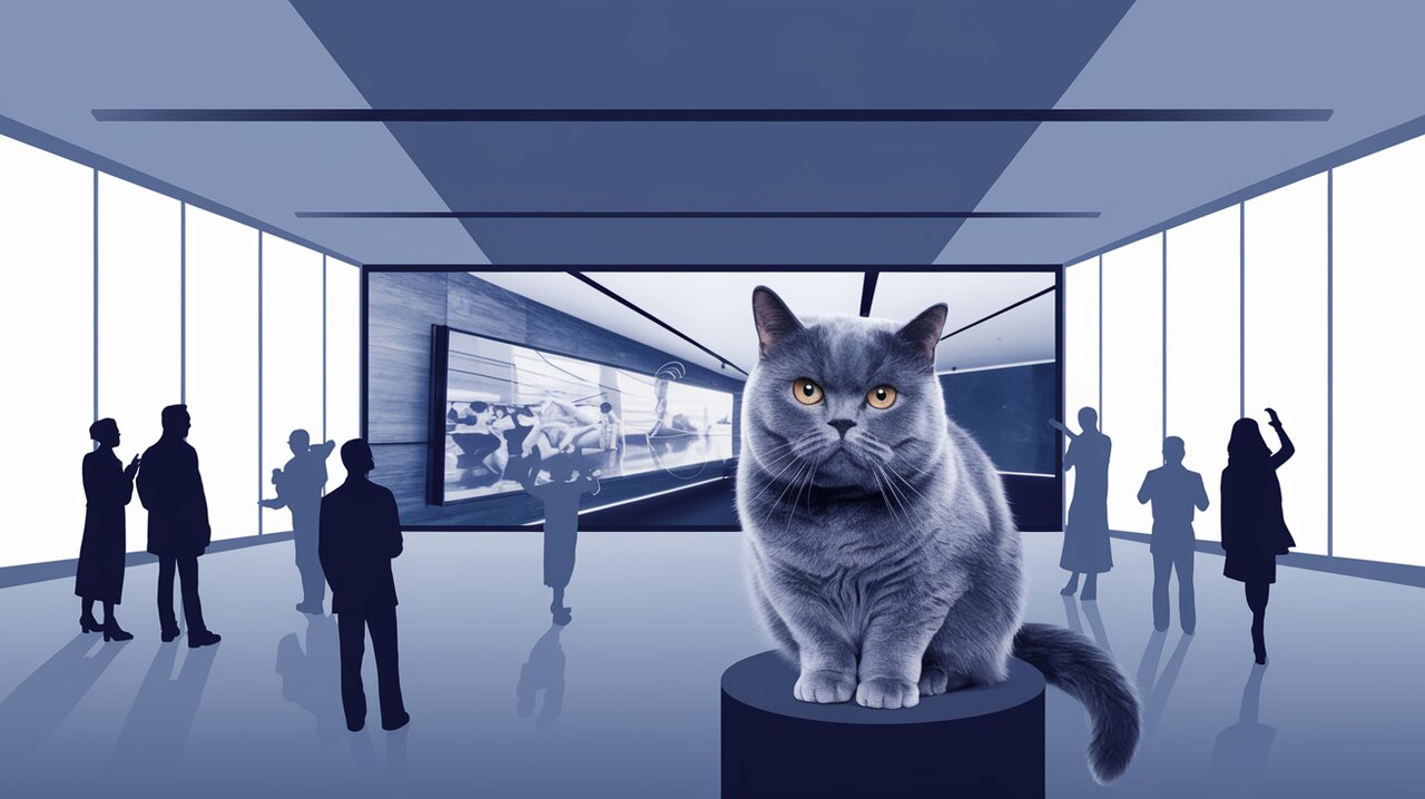 Interactive digital art display in a modern gallery with a cat observer