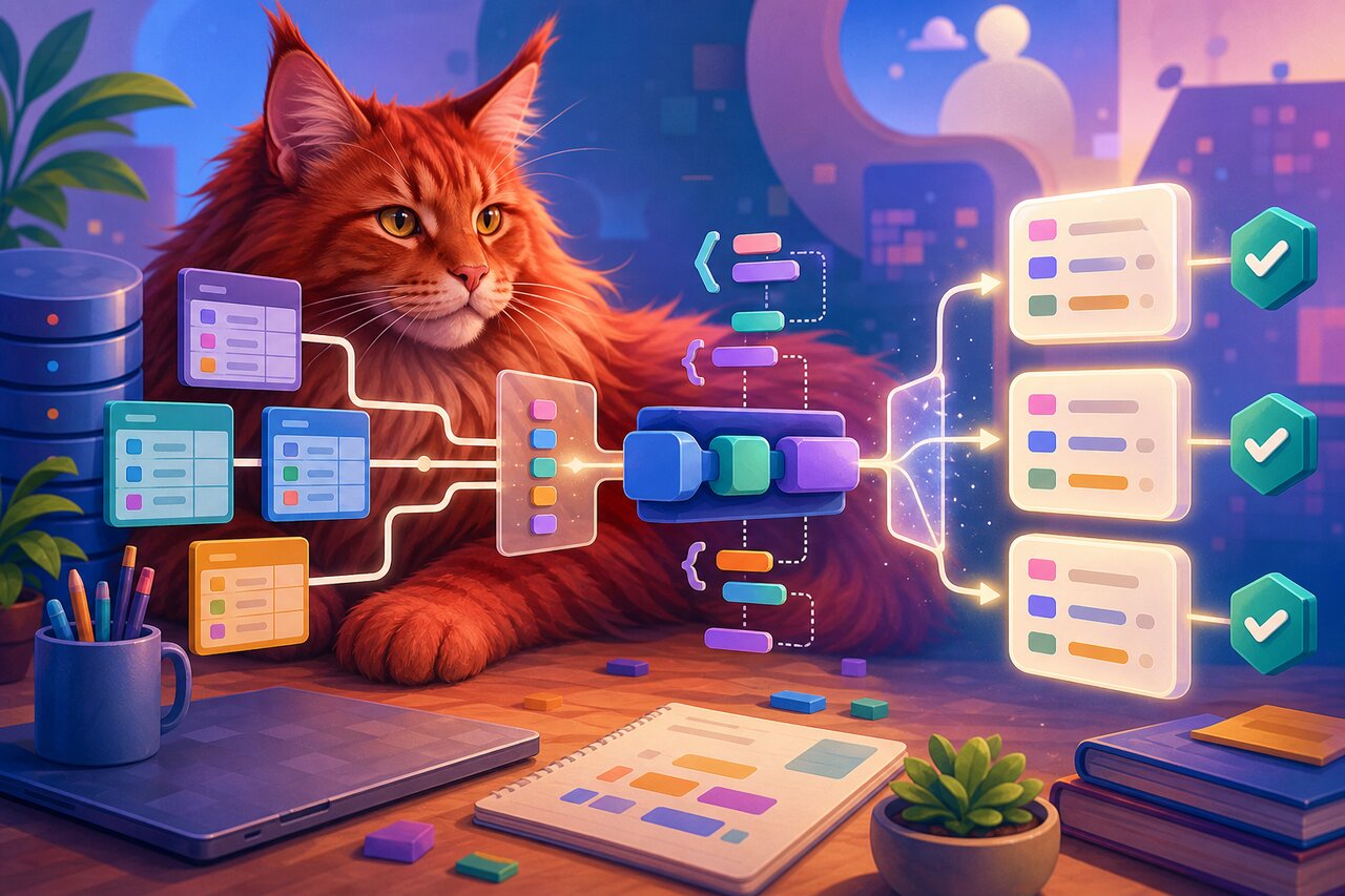 A developer's desk showing type-safe query code, with a large red Maine Coon cat resting on a side shelf.