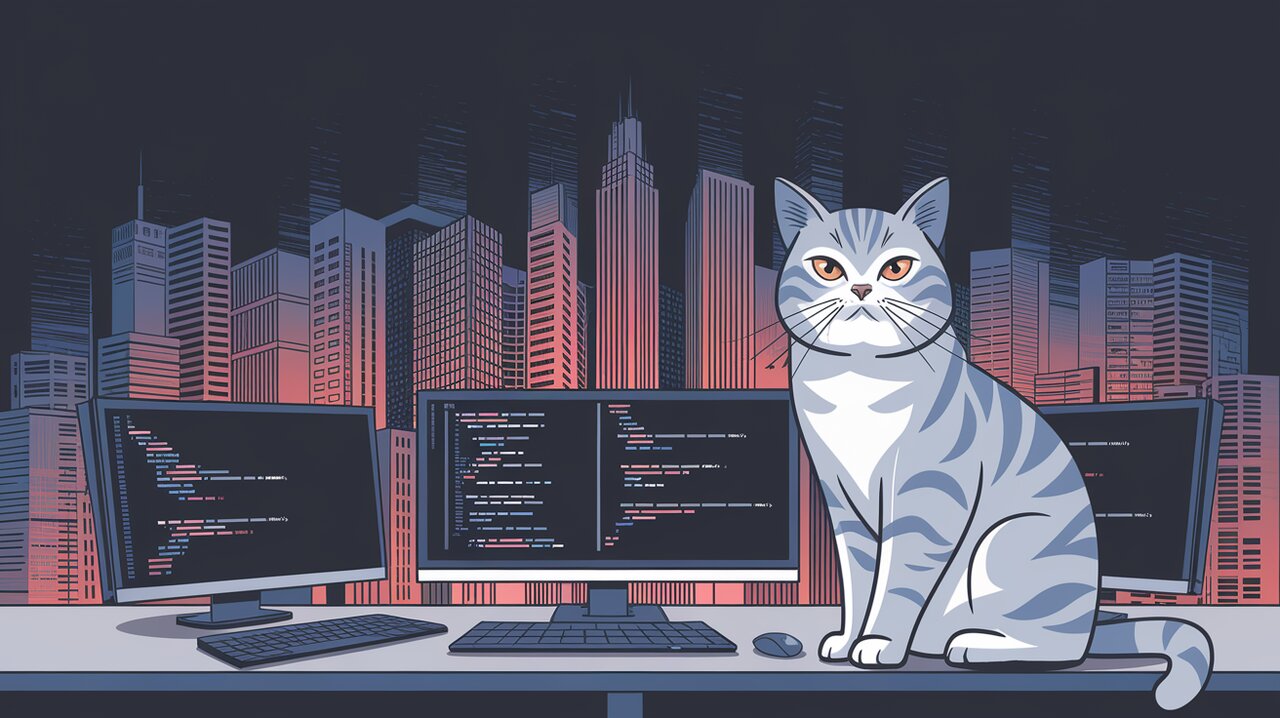 Cityscape illustrating lazy loading with React code and a British shorthair cat