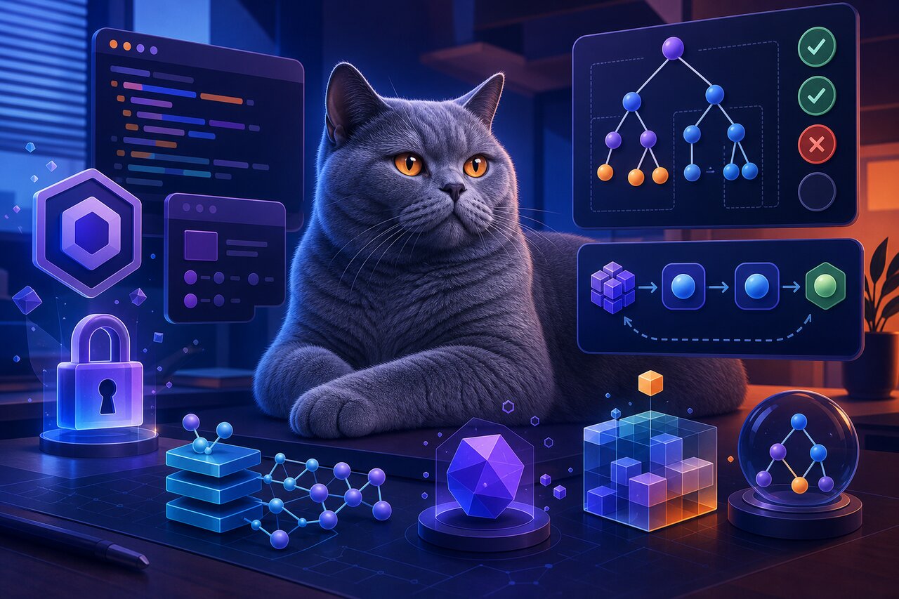 A cozy reading room with read-only glass cases and a calm gray-blue British shorthair cat watching a screen of functional code.