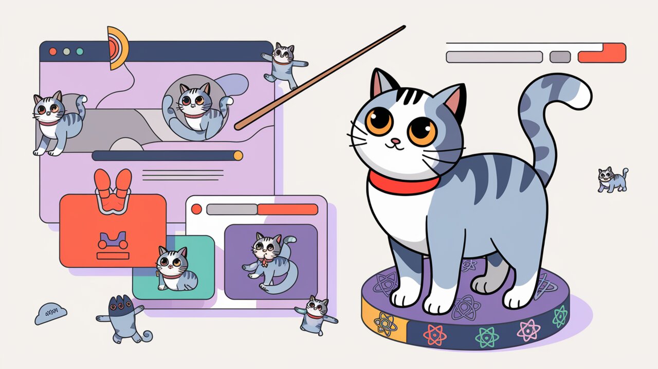 Lottie animations integrated into a React app interface, conducted by a British shorthair cat