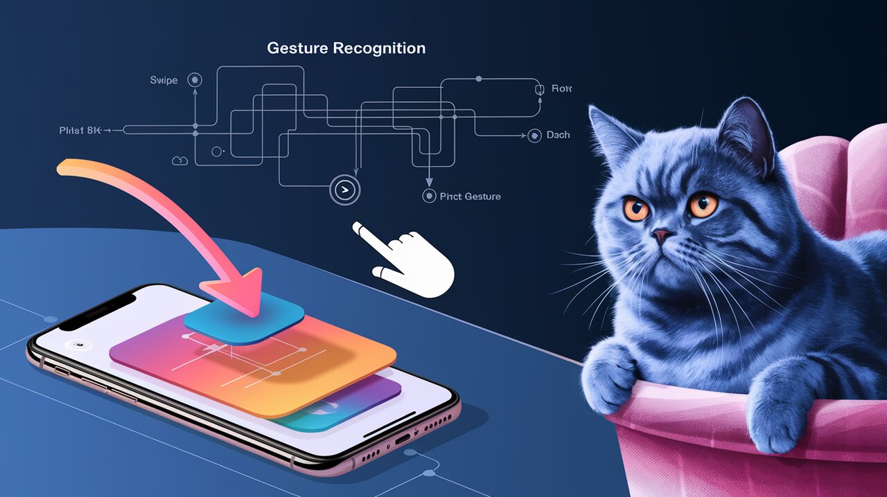 Illustration of gesture interactions on a smartphone interface with a cat observing