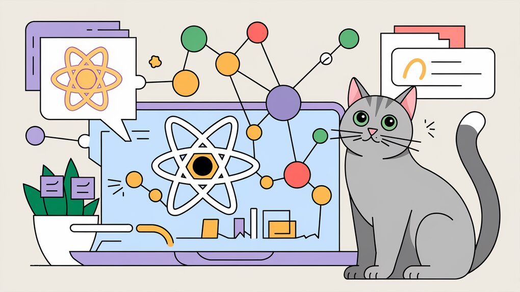 Atoms representing state management in a React application with a gray cat in the background.