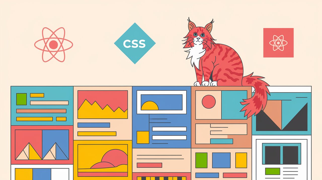 Masonry layout with React and CSS elements, featuring a maine coon cat