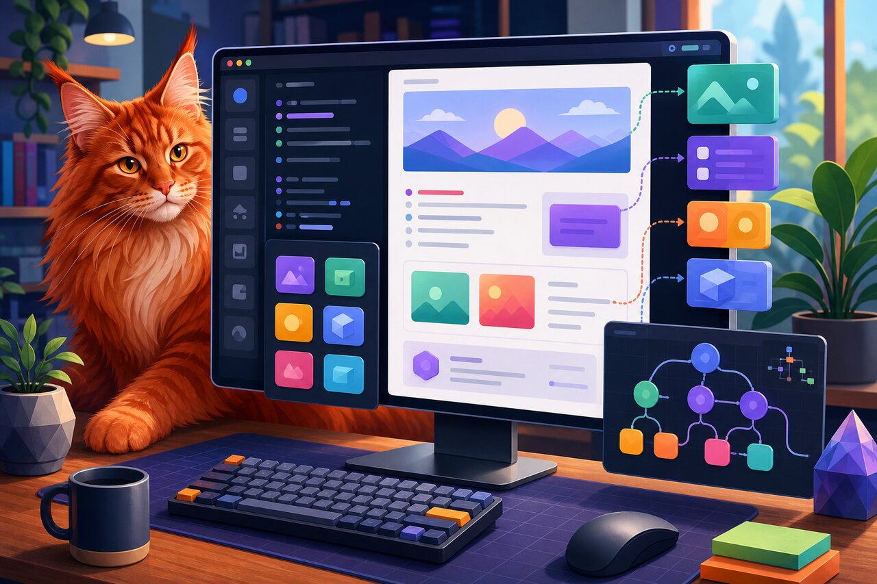A document editor on a laptop with a large red Maine Coon cat resting nearby on a stack of books.
