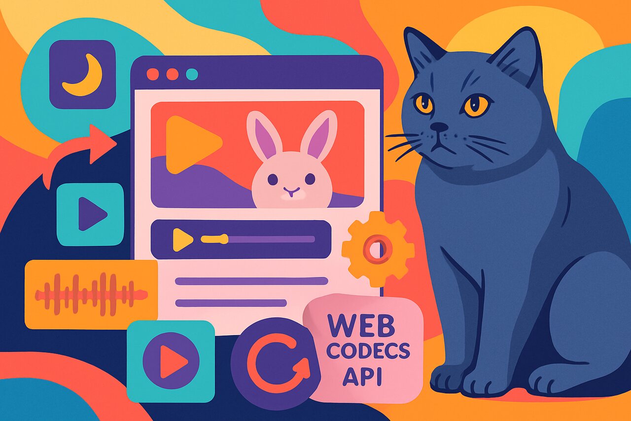 Media files flowing through a conversion workshop with a gray-blue cat watching from a shelf