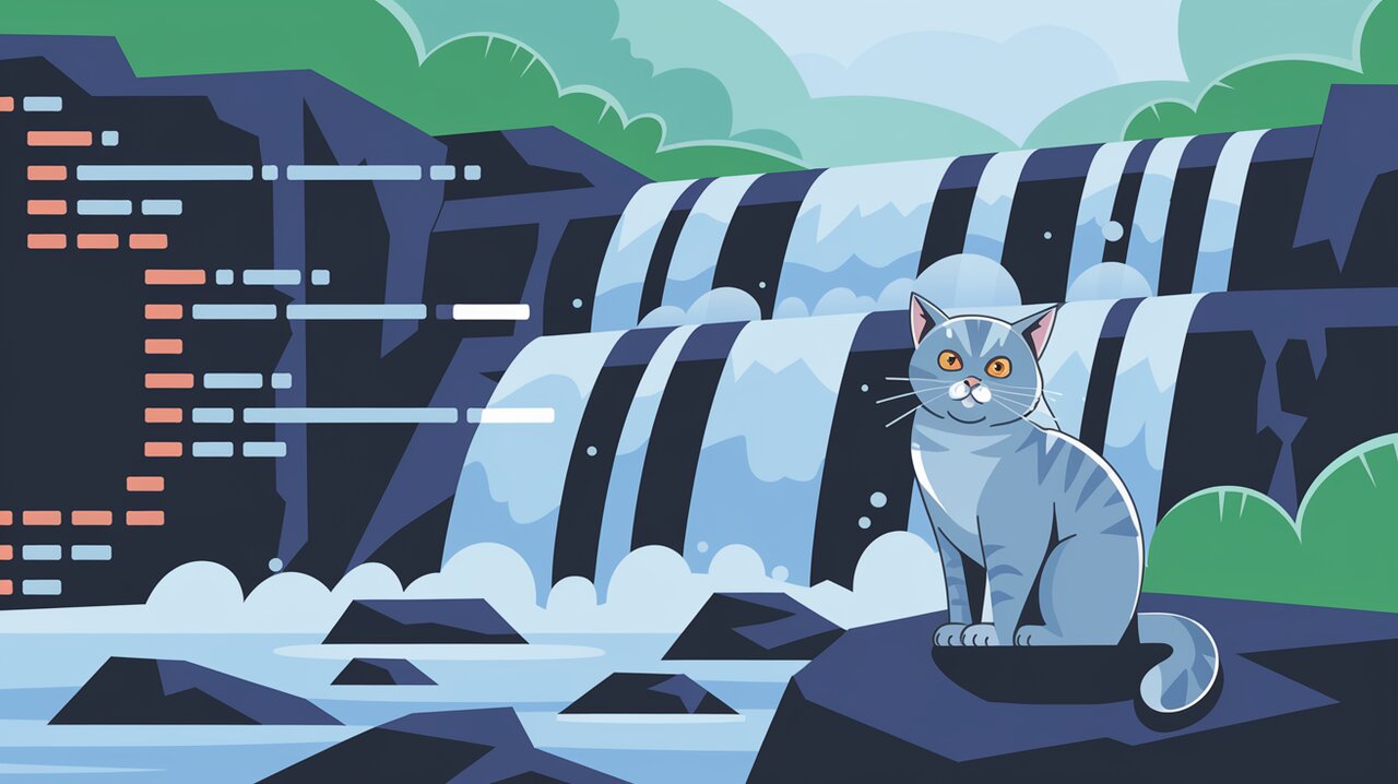 Misty waterfall with floating CSS code and a British shorthair cat