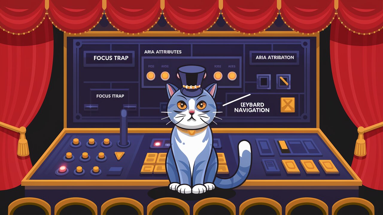 Theatrical stage with accessibility control panel and a cat conductor