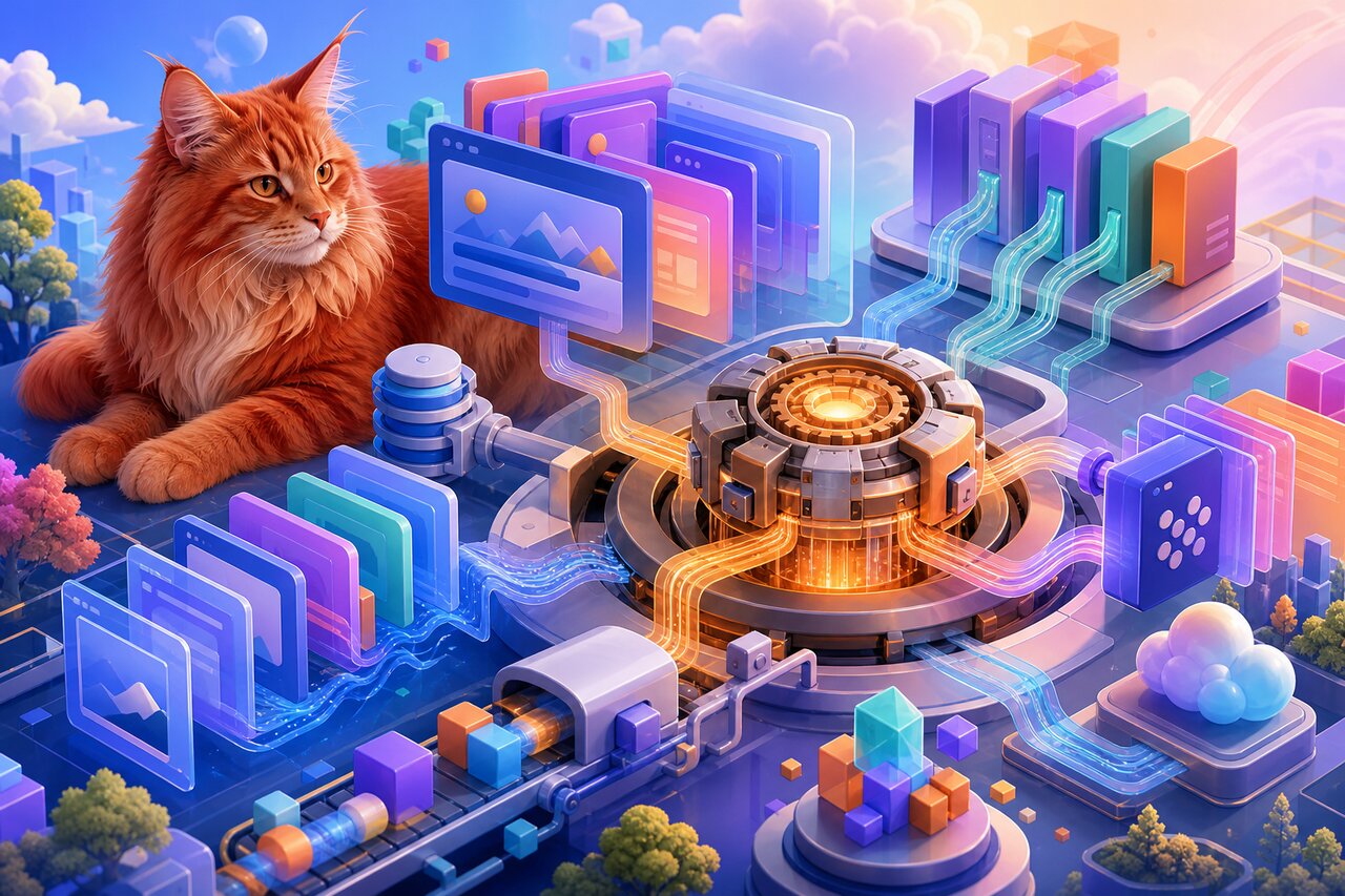 A floating blue and orange blueprint of a layered building with spinning gears, watched by a relaxed red Maine Coon cat on a stack of books.