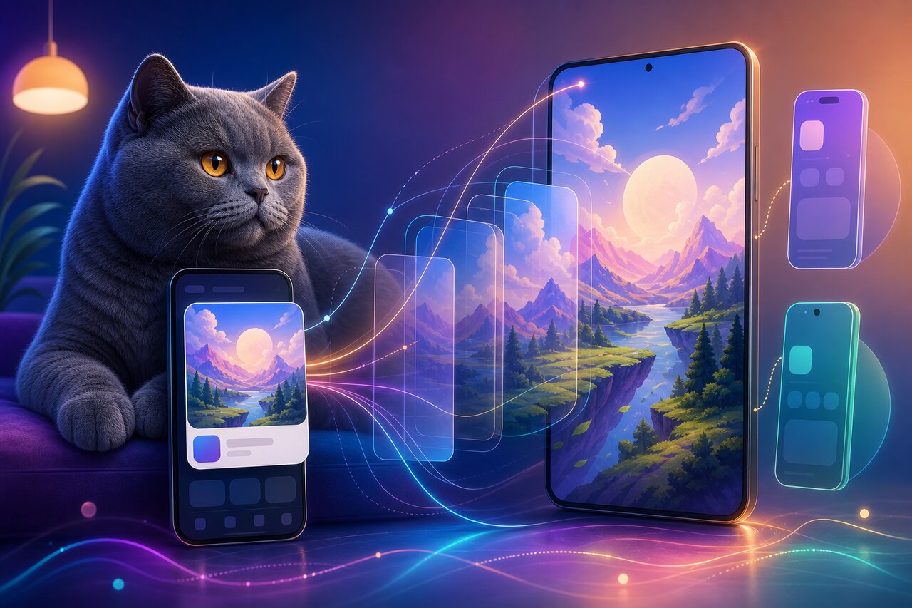 A phone showing a card morphing into a fullscreen view, with a gray-blue cat watching from the background